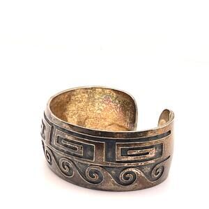 Vintage 80s Genuine Sterling Silver Western Tribal Geometric Etched Cuff